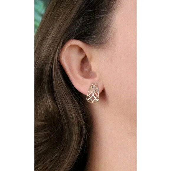 14k Yellow Gold Heart Bow Filigree Earrings Stud Post - Picture 2 of 8